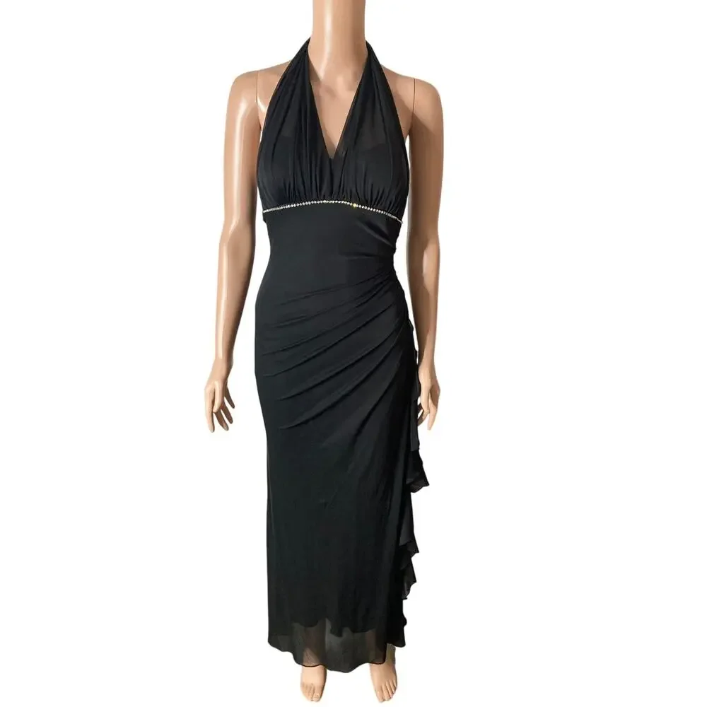 Vintage Black Halter Maxi Dress Womens Small Rhinestone Open Back Formal Gown